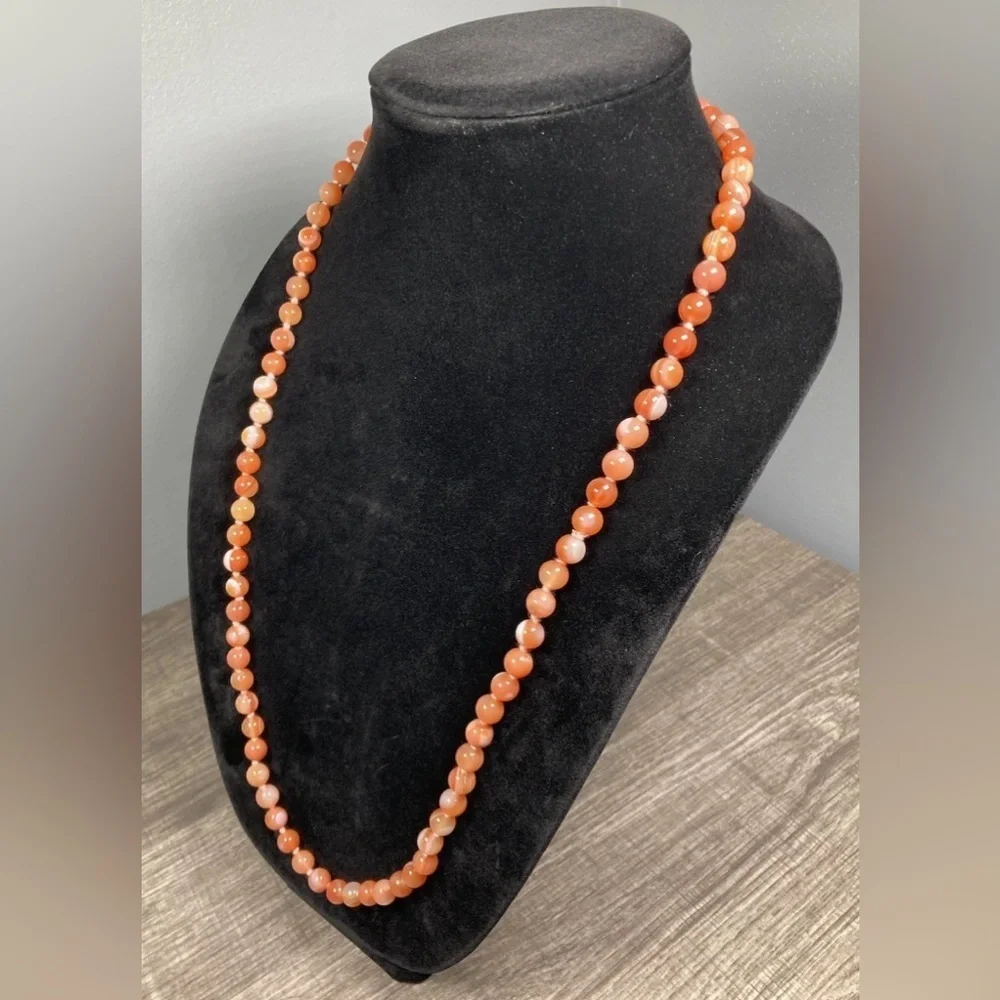 Coral Orange Stone Necklace Banded Agate Round Bead Hand Tied 30” Vintage